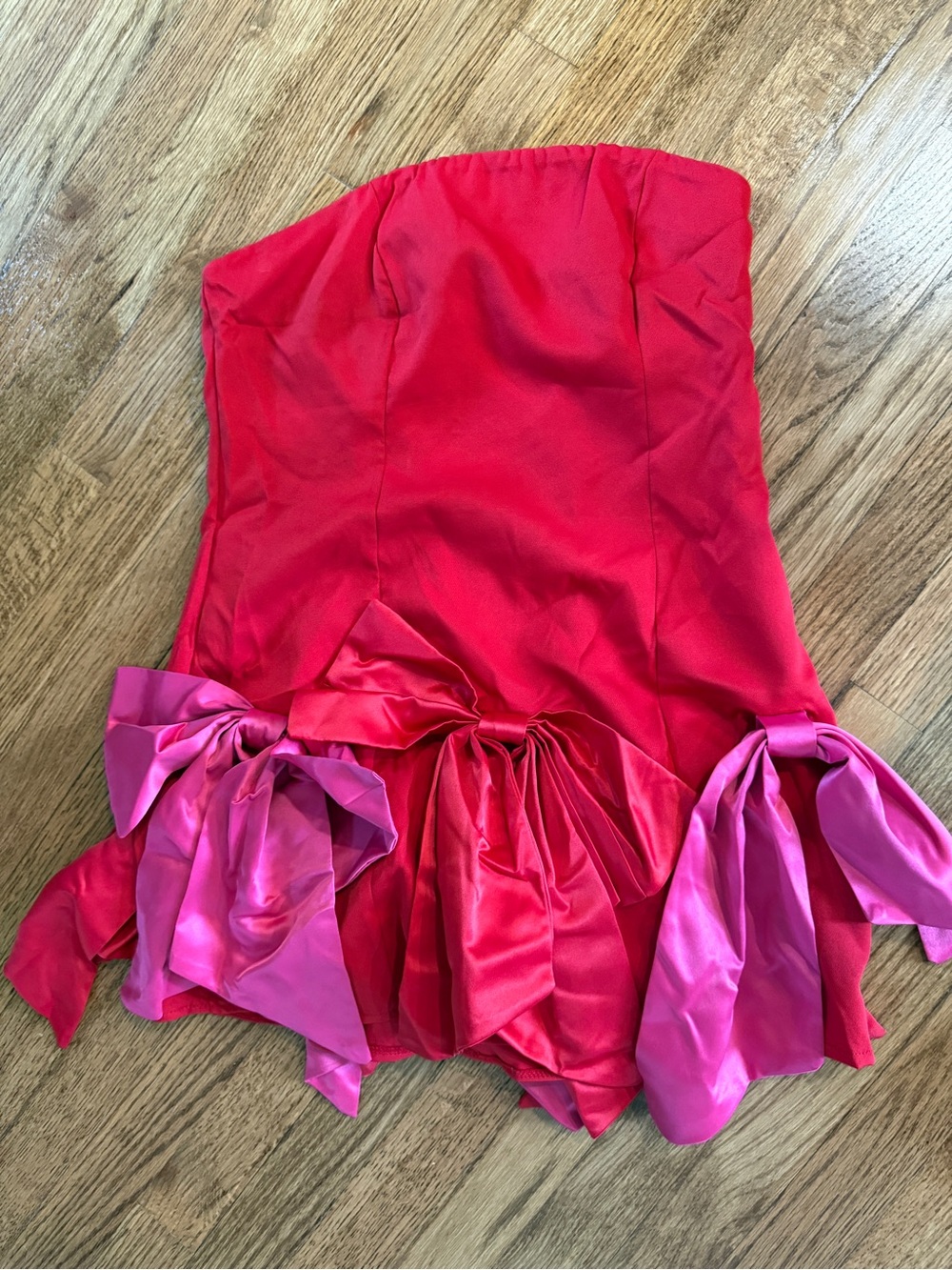 Red Strapless Party Mini Dress with Red and Pink Bow Accents